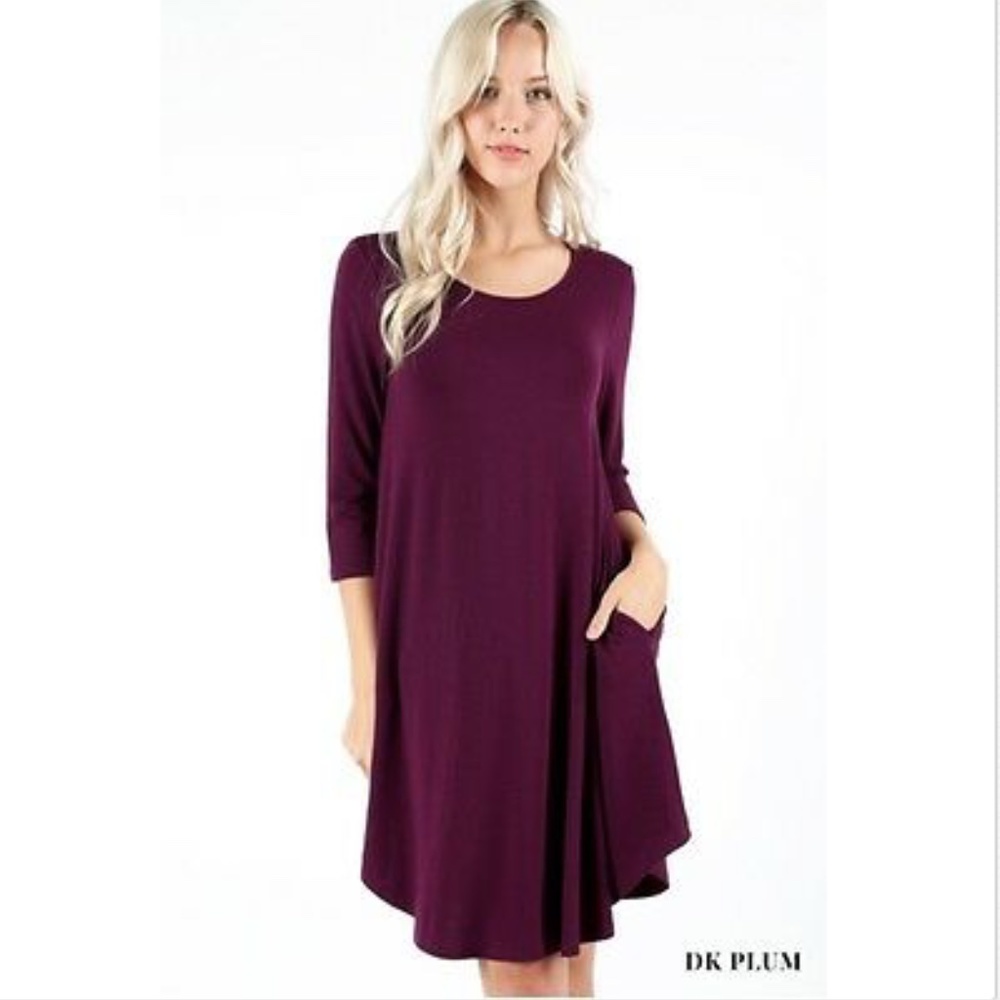 NEW 3/4 Sleeve A-Line Swing Midi Dress Dark Plum